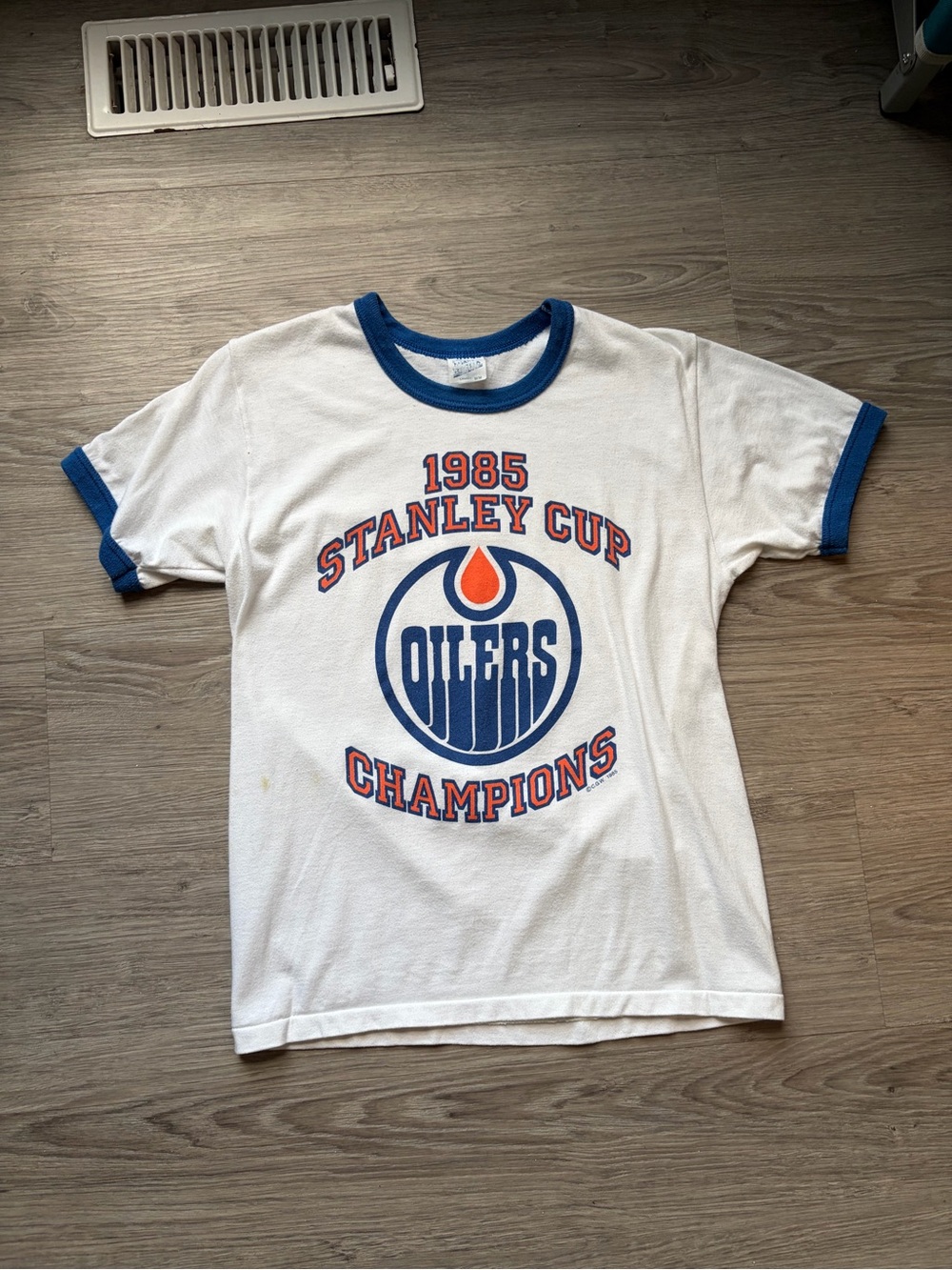 Edmonton Oilers 1985 Stanley Cup Champions White Ringer Tee